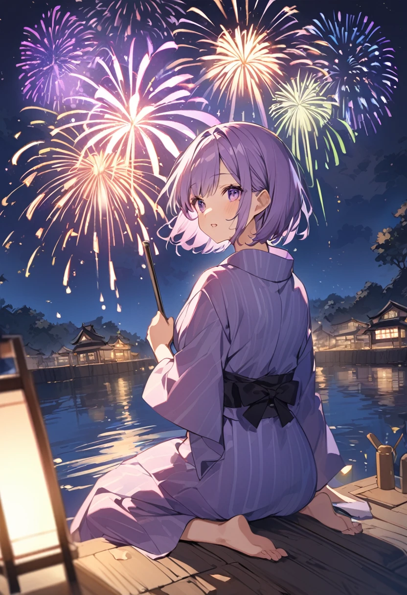 Kate。Purple Eyes。Light purple hair。Purple Yukata。geta。short hair。Riverbank。firework