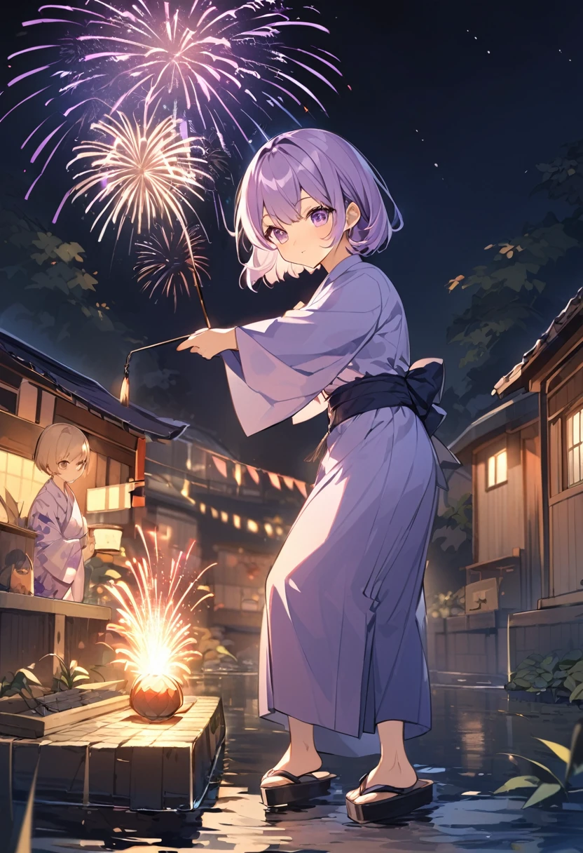 Kate。Purple Eyes。Light purple hair。Purple Yukata。geta。short hair。Riverbank。firework