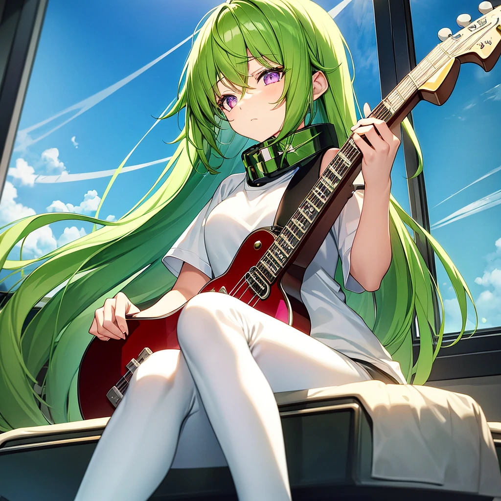 15 year old woman Long green hair, light pink eyes, cute look, wearing a green sweater. Wear white pants Wrapped around the neck is a white cross. Wear black Nike shoes Sitting by the window in the classroom strumming a guitar. Morning city background, masterpiece