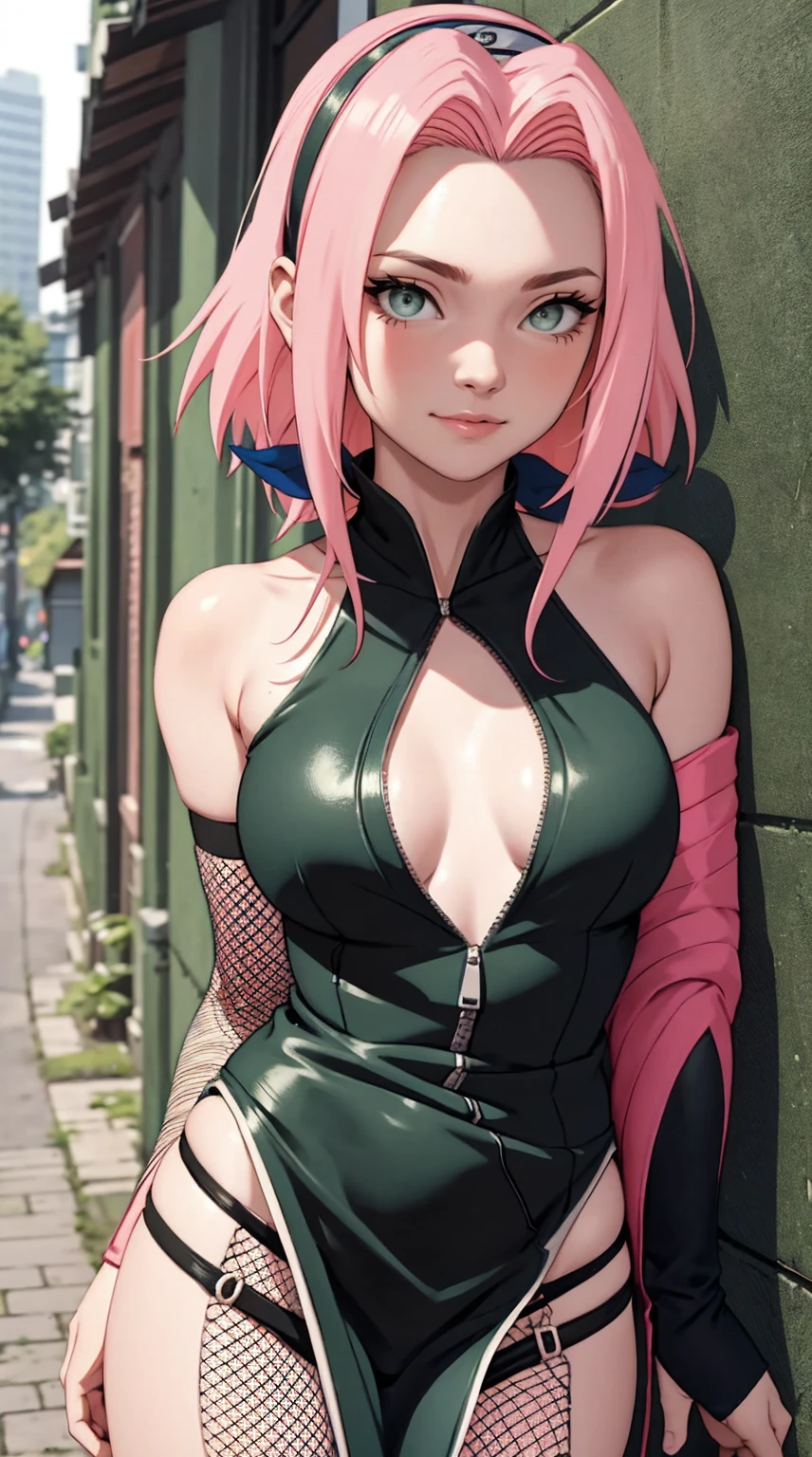 tmasterpiece, Best quality at best, 1girll, Sakura Haruno, Large breasts,Off-the-shoulder attire,upperbody closeup),Raised sexy,is shy,ssmile,with pink hair, Green eyeballs:1.4), Forehead protection, alley, prostitute, slutty, slutty clothes, fishnet, see-through, zipper panties, nipple pasties,