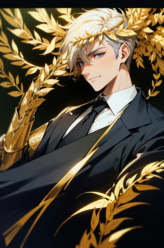 male politician in a limousine is wearing golden laurel wreath , max quality, max details 4k,