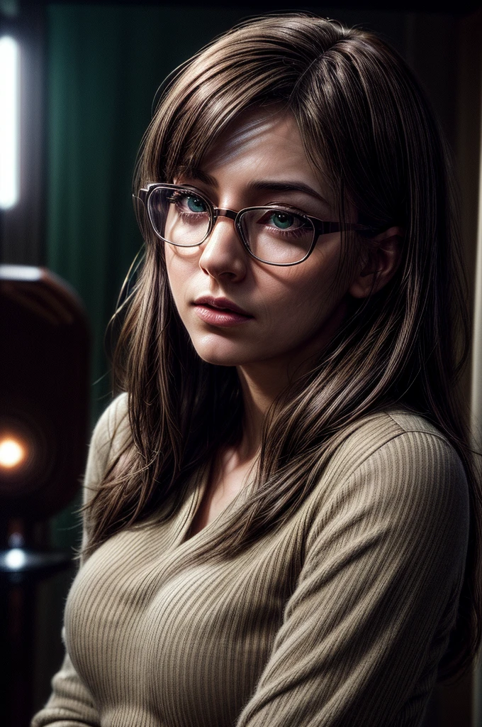 ((1woman, female, solo, portrait, close up, dark brown chestnut hair, dark green eyes, gentle, , using glasses, secretary, gentle, shy)office background, curious expression) (Masterpiece, super detailed, 8K, (High-Definition, Sunlight:0.5, Soft_Shadows:0.5, Atmospheric_lighting, 8k, 4k, hyper-realistic, elegant, ((((cinematic appearance)))), soft tones, soft cinematic lights))