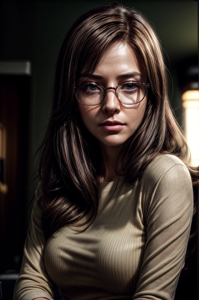 ((1woman, female, solo, portrait, close up, dark brown chestnut hair, dark green eyes, gentle, , using glasses, secretary, gentle, shy)office background, curious expression) (Masterpiece, super detailed, 8K, (High-Definition, Sunlight:0.5, Soft_Shadows:0.5, Atmospheric_lighting, 8k, 4k, hyper-realistic, elegant, ((((cinematic appearance)))), soft tones, soft cinematic lights))