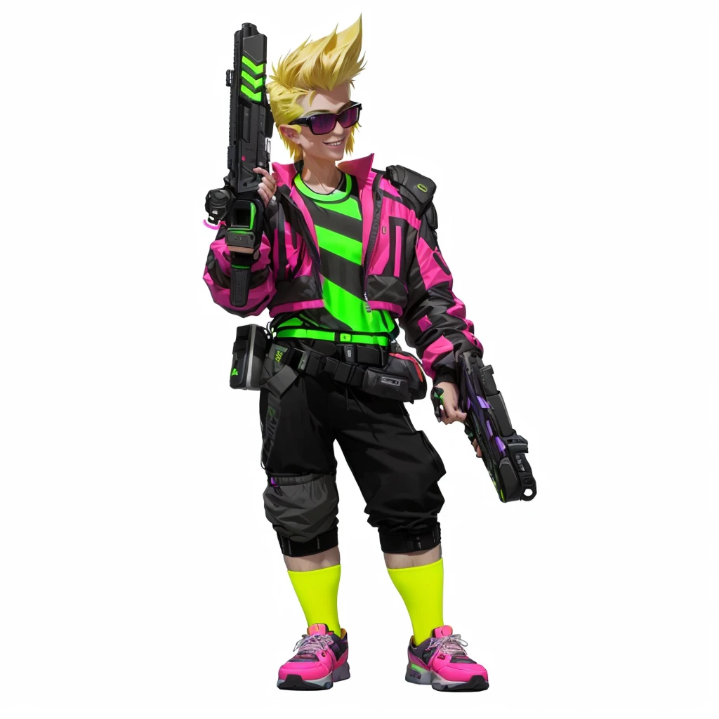 tall athletic man holding two pistols, bright neon clothing, black pants, neon pink jacket, neon green shirt, neon yellow socks, neon pink tennis shoes, black kneepad on right knee, walkman on waist, fanny pack on waist, blue aviator glasses, blonde hair, blonde anime pompadour, prominent chin, smiling, cheeky smile