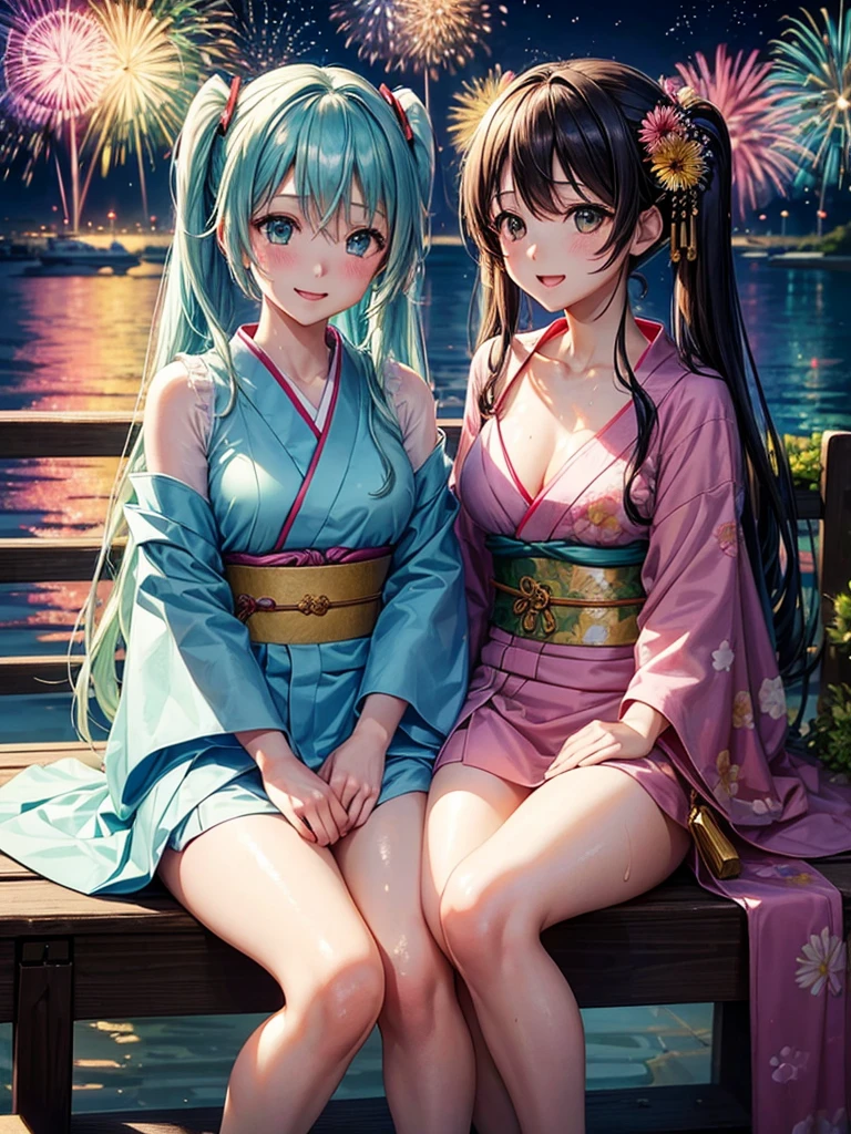 (highest quality)), ((masterpiece)), (family friendly), Perfect Face,Shiny skin,Beautiful breasts,Shiny skin、Kyoto Animation style painting、Hair、Sunburned skin、night、Hatsune Miku、(((2 girls)))、(((firework)))、(((night)))、Sit on a bench、(Sweat)、
、kimono、(((かき氷)))、smile、look up、Open your mouth、抱き合う