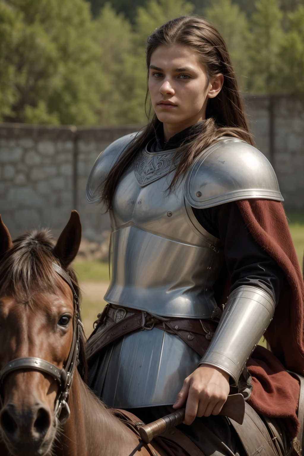 A young male twink with a face with makeup and black hair. He is wearing a Viking war uniform. He is a brave knight riding a horse. He is carrying a weapon and a sword. He is in the battle of war against many armies.