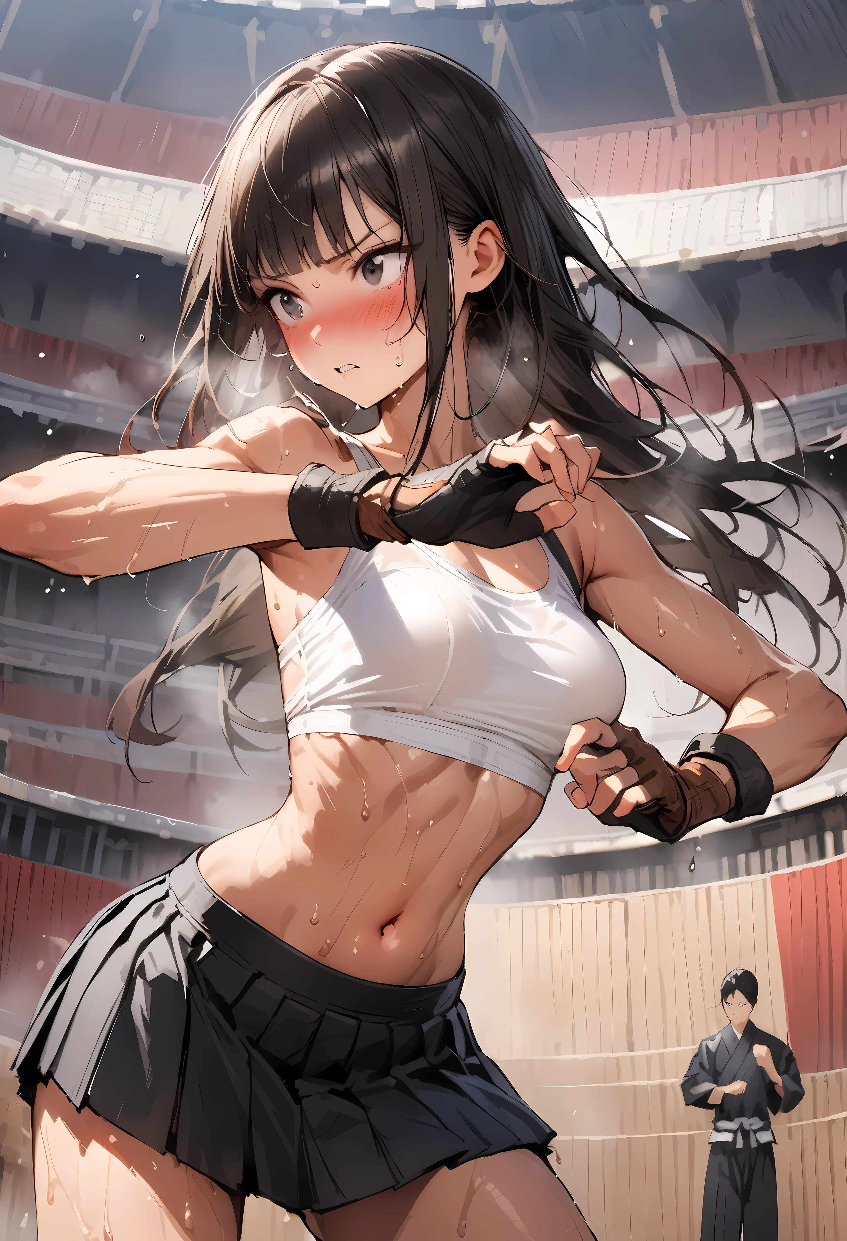 ((masterpiece,Highest quality:1.3,best quality illustration)),realistic,cowboy shot,solo,1woman,18 year old beauty,black hair,long hair,bangs,black eyes,gorgeous big eyes,((very small head:1.3)),blush,((very long body:1.2,skinny)),medium breasts,White tube top shirt、navel、(Black pleated mini skirt),Brown leather fingerless gloves、sweat,in heat,gleaming skin,toned body,slender body、Martial arts stance,standing,Martial Arts Matches、amphitheater、