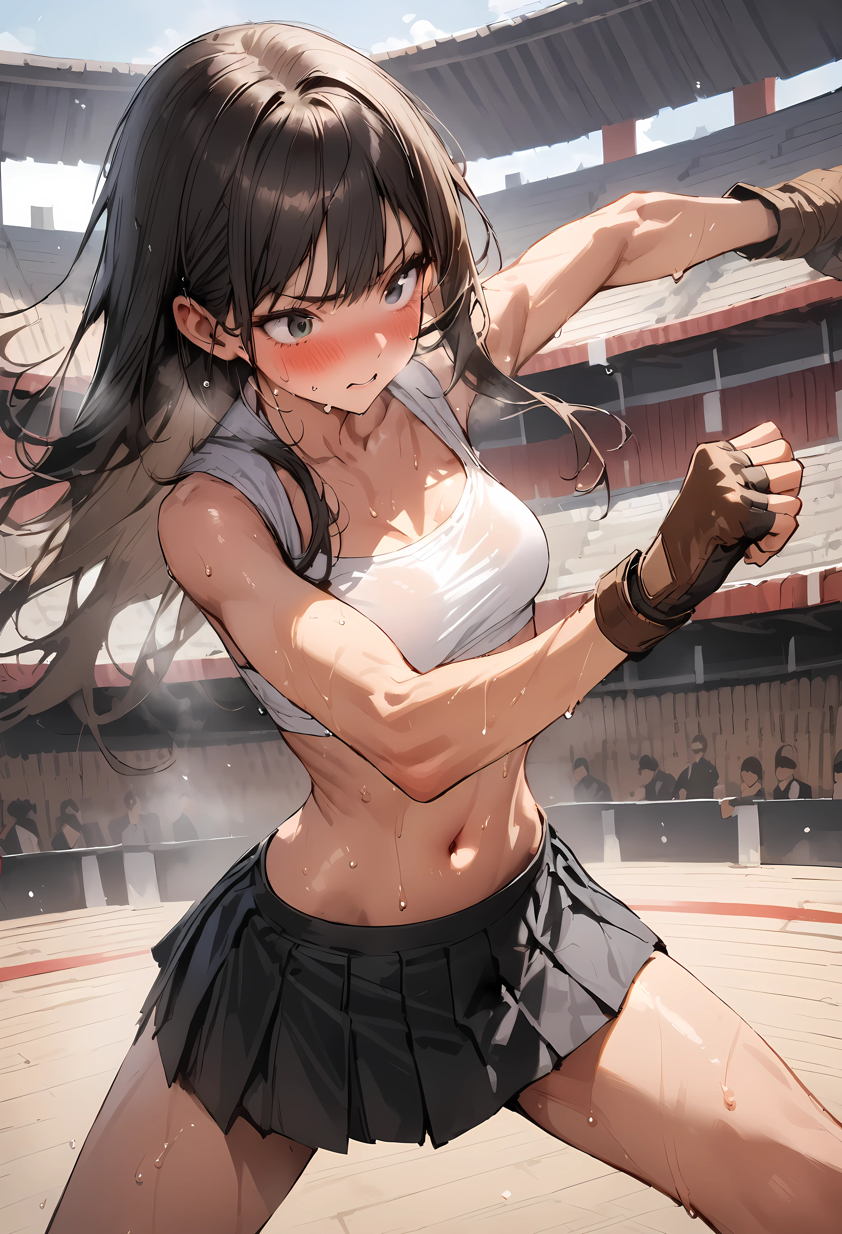 ((masterpiece,Highest quality:1.3,best quality illustration)),realistic,cowboy shot,solo,1woman,18 year old beauty,black hair,long hair,bangs,black eyes,gorgeous big eyes,((very small head:1.3)),blush,((very long body:1.2,skinny)),medium breasts,White tube top shirt、navel、(Black pleated mini skirt),Brown leather fingerless gloves、sweat,in heat,gleaming skin,toned body,slender body、Martial arts stance,standing,Martial Arts Matches、amphitheater、