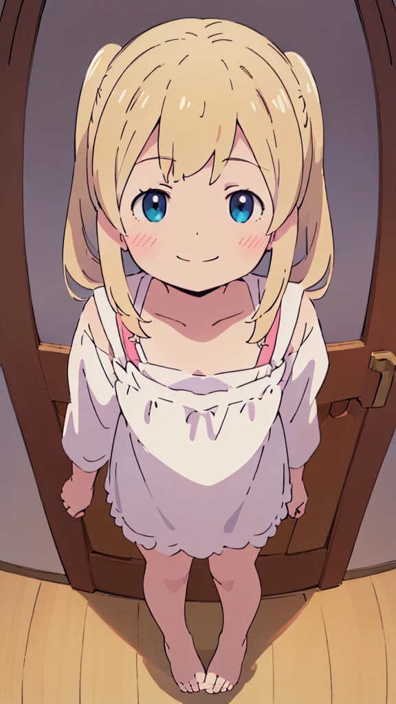 ((masterpiece))((Highest quality))girl、smile、blush、Flat Chest、Are thin、Blonde Hair、blush、Are standing、Whole body image、Even your toes are visible、Eye level on face、front、No background、真frontのアングル、Clothes full of frills、Twin tails、High angle、Fisheye Lens