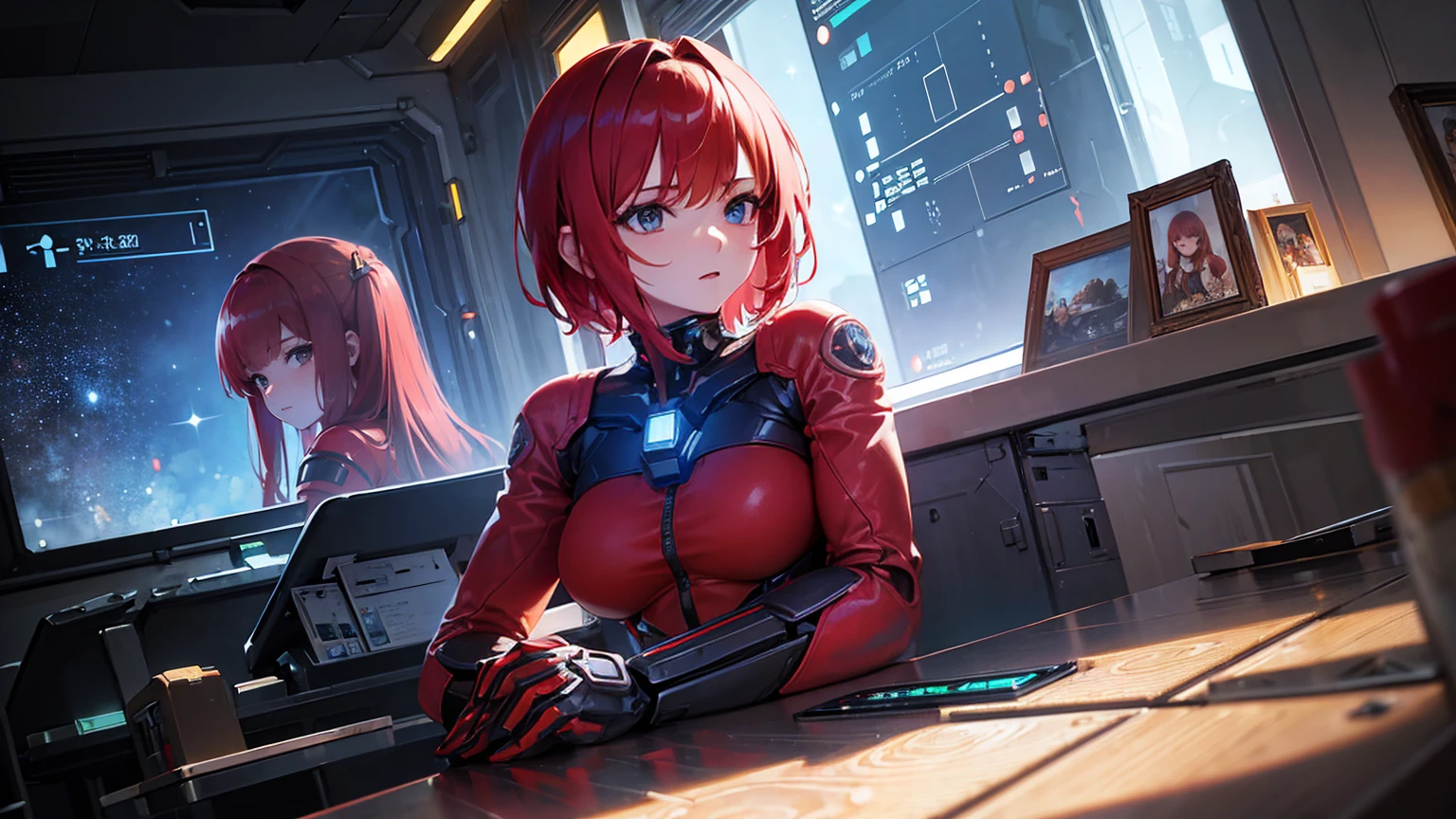 Absurd resolution, high resolution, (masterpiece: 1.4), hyper-detail, 1 young woman, short red hair, pilot suit, rich princess, sitting in an extremely narrow and closed mecha control room looking out the window, the window is the space universe can see the blue planet (1.5), the expression is excited, the mecha control room is in the universe