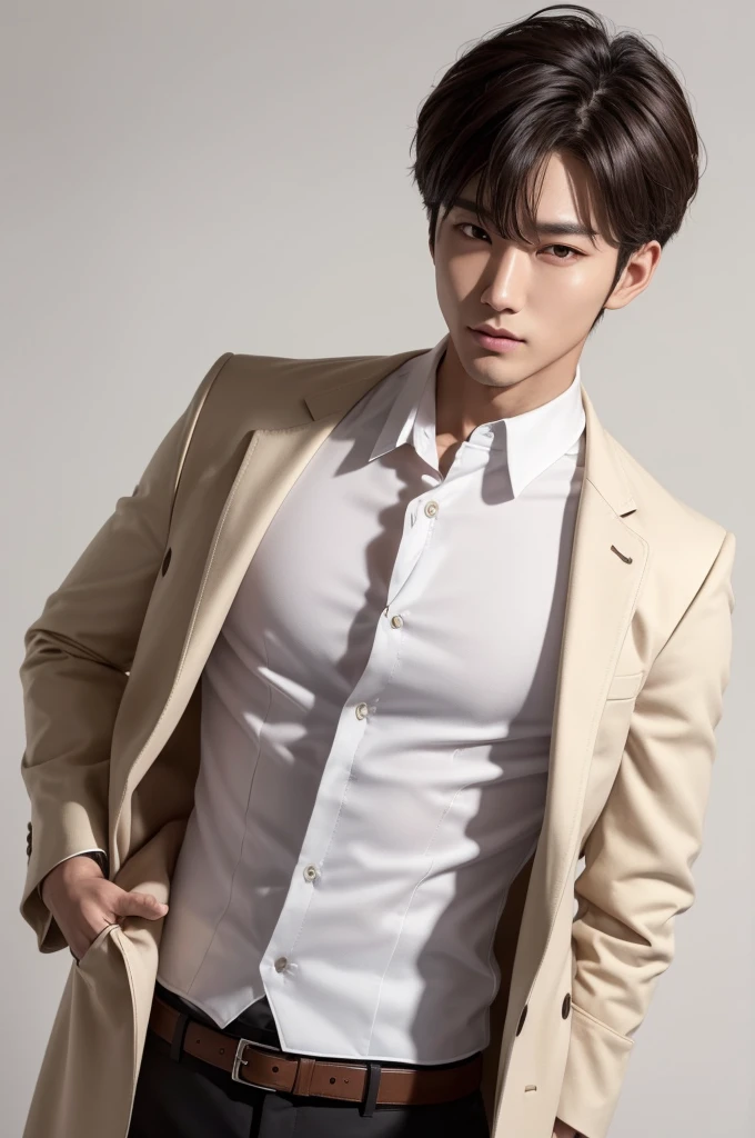 naughty man, korean, Youngh, usando white shirt, bulletproof vest, checkered coat, white shirt, rosto gentil, idol hair, Light brown eyes, slightly tanned skin, White background