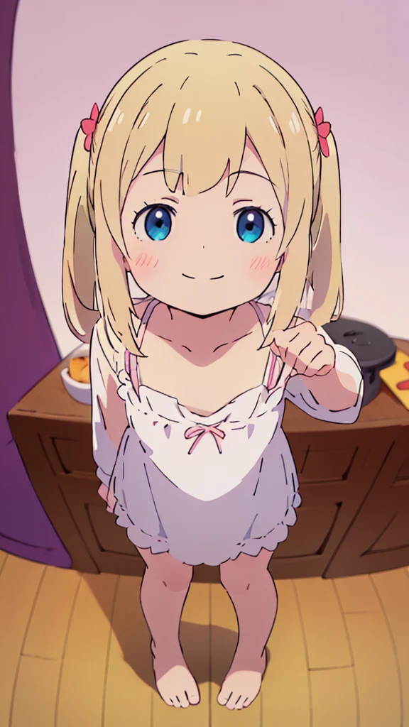 ((masterpiece))((Highest quality))girl、smile、blush、Flat Chest、Are thin、Blonde Hair、blush、Are standing、Whole body image、Even your toes are visible、Eye level on face、front、No background、真frontのアングル、Clothes full of frills、Twin tails、High angle、Fisheye Lens