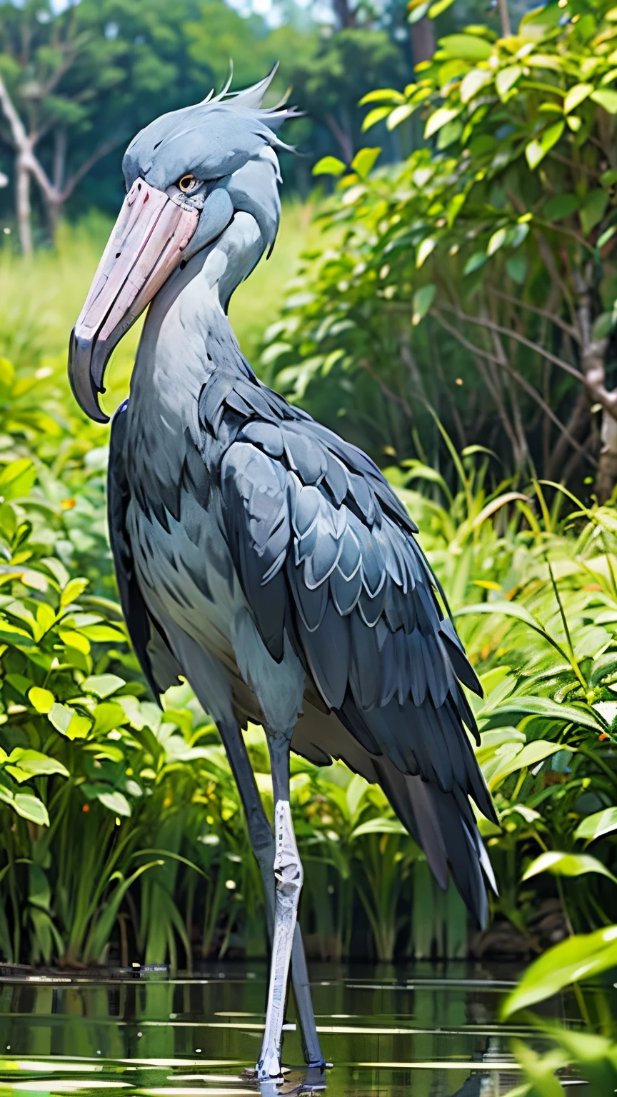 RAW Photos、Highest quality、ultra High resolution、High resolution、masterpiece:1.3、shoebill stork、Sharp Eyes、Aiming for prey、Dense forest、Swamp、