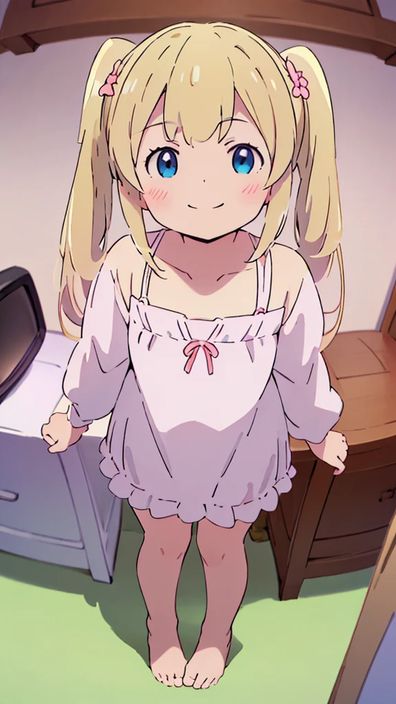 ((masterpiece))((Highest quality))girl、smile、blush、Flat Chest、Are thin、Blonde Hair、blush、Are standing、Whole body image、Even your toes are visible、Eye level on face、front、No background、真frontのアングル、Clothes full of frills、Twin tails、High angle、Fisheye Lens
