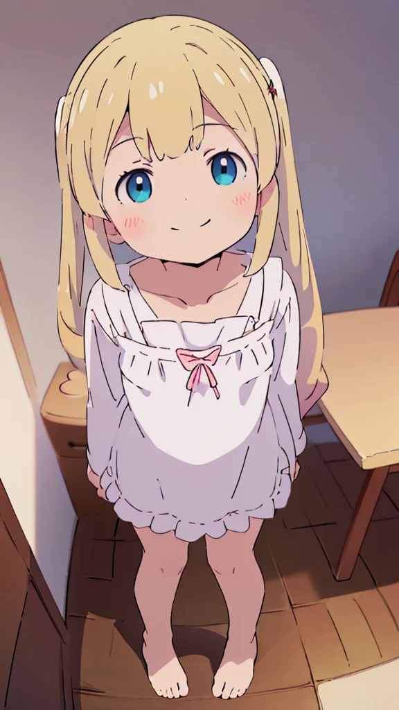 ((masterpiece))((Highest quality))girl、smile、blush、Flat Chest、Are thin、Blonde Hair、blush、Are standing、Whole body image、Even your toes are visible、Eye level on face、front、No background、真frontのアングル、Clothes full of frills、Twin tails、High angle、Fisheye Lens