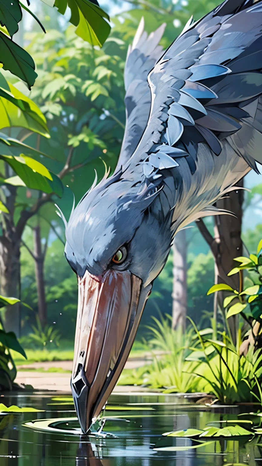 RAW Photos、Highest quality、ultra High resolution、High resolution、masterpiece:1.3、shoebill stork、Sharp Eyes、Aiming for prey、Dense forest、Swamp、