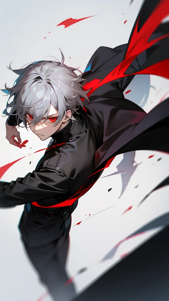 Male character with gray hair and red eyes and black clothes