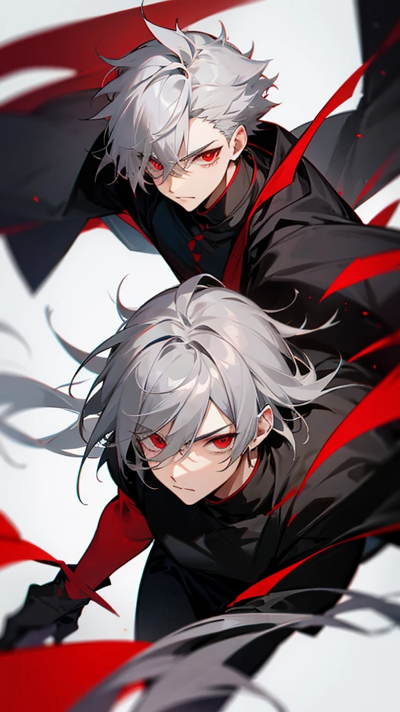 Male character with gray hair and red eyes and black clothes 