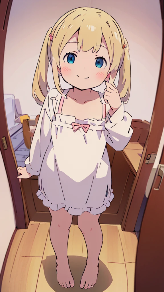 ((masterpiece))((Highest quality))girl、smile、blush、Flat Chest、Are thin、Blonde Hair、blush、Are standing、Whole body image、Even your toes are visible、Eye level on face、front、No background、真frontのアングル、Clothes full of frills、Twin tails、High angle、Fisheye Lens