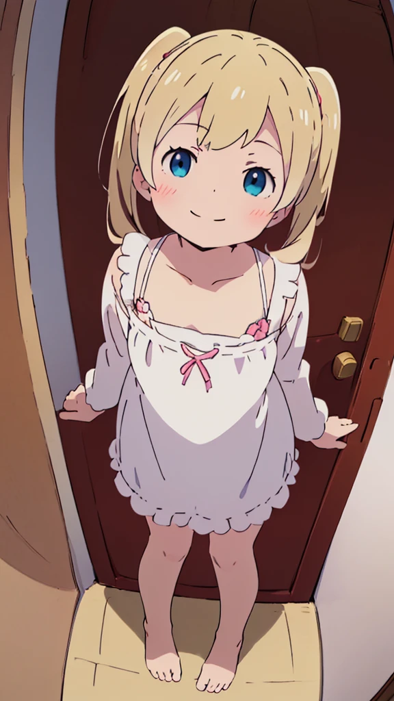((masterpiece))((Highest quality))girl、smile、blush、Flat Chest、Are thin、Blonde Hair、blush、Are standing、Whole body image、Even your toes are visible、Eye level on face、front、No background、真frontのアングル、Clothes full of frills、Twin tails、High angle、Fisheye Lens