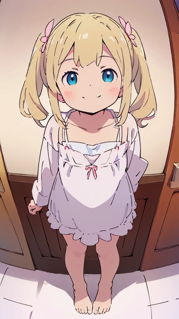 ((masterpiece))((Highest quality))girl、smile、blush、Flat Chest、Are thin、Blonde Hair、blush、Are standing、Whole body image、Even your toes are visible、Eye level on face、front、No background、真frontのアングル、Clothes full of frills、Twin tails、High angle、Fisheye Lens