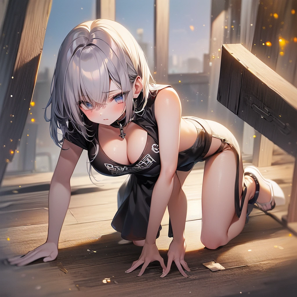 (((perfect quality, perfect anatomy, perfect body, beautiful, masterpiece))), (shiny silver hair, bob cut, bang between eyes, beautiful hair, beautiful silver eyes, glossy eyes, le eyes, large breasnder body), 1 beautiful girl, cute face, beautiful face, pretty face, beautiful, best quality, good anatomy, Emilia, troubled eyebrows, embarrassed, seriously, BREAK The girl is on all fours, wiping the floor with a cloth with both hands, her house's corridor, girl wearing white loose T-shirt, damaged jeans, large breasts, cl (cute ilon:1.2), 2arms,2legs,