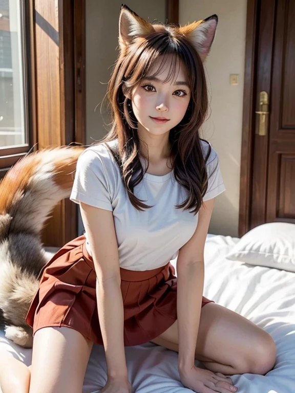 ((best quality, 32k)), ((masterpiece)), (familiar), Perfect face, School girls, pretty girl, on the bed, She has a bushy tail, (She has a red fox tail.:1.3), She raised her furry tail, Beautiful hip line, Small Breasts, She is wearing cute, Big tail sticking out, Climbing on all fours, slim body, She looked at her tail shyly, Her tail pushes up her skirt，Revealing her white, (A red fox tail sticks out from the hem of her skirt.:1.3), Embarrassed face