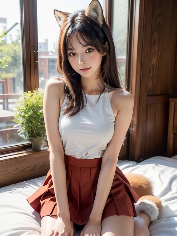 ((best quality, 32k)), ((masterpiece)), (familiar), Perfect face, School girls, pretty girl, on the bed, She has a bushy tail, (She has a red fox tail.:1.3), She raised her furry tail, Beautiful hip line, Small Breasts, She is wearing cute, Big tail sticking out, Climbing on all fours, slim body, She looked at her tail shyly, Her tail pushes up her skirt,Revealing her white, (A red fox tail sticks out from the hem of her skirt.:1.3), Embarrassed face