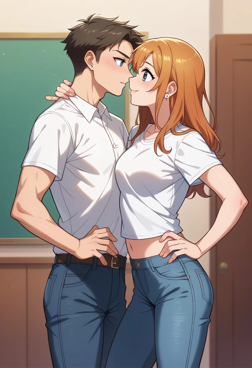 (Masterpiece, Best Quality, High Quality), professional artwork, well drawn, Intricate Details,(((a big boy and a girl looking at each other))),eye contact,Kousaka honoka, room, earring, t-shirt, midriff, denim pants, facing each other, before kiss, curvy hip, blue eyes,happy