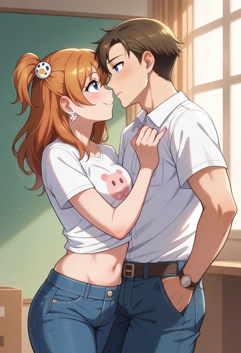 (Masterpiece, Best Quality, High Quality), professional artwork, well drawn, Intricate Details,(((a big boy and a girl looking at each other))),eye contact,Kousaka honoka, room, earring, t-shirt, midriff, denim pants, facing each other, before kiss, curvy hip, blue eyes,happy