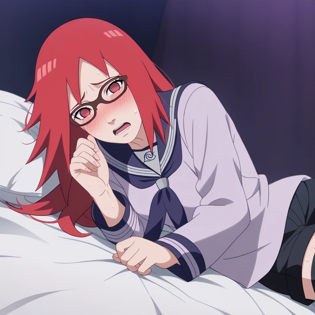 Red hair, 1 Girl, Glasses, Long hair, Red Eyes, Solitary, Sailor Suit, Black over-the-knee stockings, Black shorts, Umbilical cord, Looking at the audience，No students, Japanese cartoons screencap, Japanese cartoons coloring,src_Japanese cartoons,Naruto \(series\), Naruto shippuuden,（（blush，nervous，Vision，））masterpiece， absurd ， （Intricate details）， （Colorful）， light， Extremely detailed CG unity 8k wallpaper ，1 Girl， solo，（shy，In the hotel，Lying on the bed，night，blush，nervous，Sweating，蕾丝dress， ），sweat，blush，blush1.5，Blush，Medium chest，（（dress，Black stockings，luxurious hotel，night，）），（dress，Lying in bed，Uncomfortable expression，Mouth open，spit）