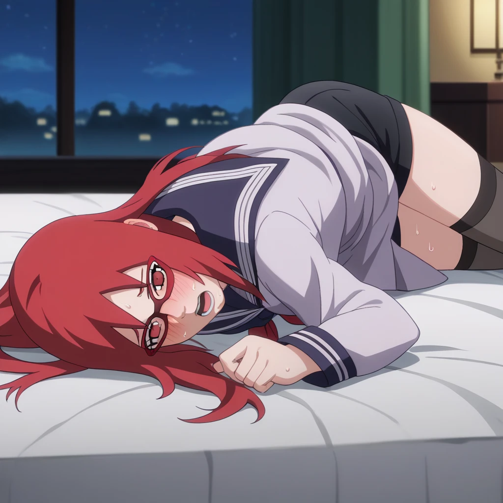 Red hair, 1 Girl, Glasses, Long hair, Red Eyes, Solitary, Sailor Suit, Black over-the-knee stockings, Black shorts, Umbilical cord, Looking at the audience,No students, Japanese cartoons screencap, Japanese cartoons coloring,src_Japanese cartoons,Naruto \(series\), Naruto shippuuden,((blush,nervous,Vision,))masterpiece, absurd , (Intricate details), (Colorful), light, Extremely detailed CG unity 8k wallpaper ,1 Girl, solo,(shy,In the hotel,Lying on the bed,night,blush,nervous,Sweating,蕾丝dress, ),sweat,blush,blush1.5,Blush,Medium chest,((dress,Black stockings,luxurious hotel,night,)),(dress,Lying in bed,Uncomfortable expression,Mouth open,spit)