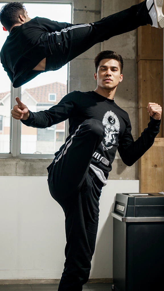 1 man, with black clothes, daily clothes,beautiful, throwing a high kick