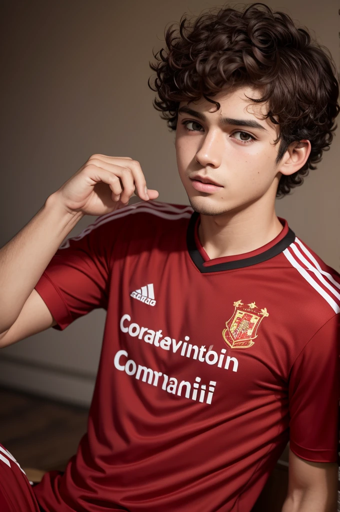 Create a boy with short hair,curly and brown , with a red Corinthians shirt