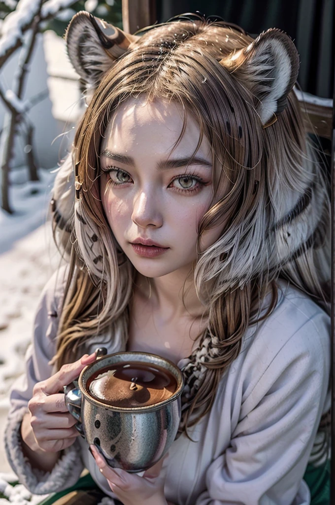 Anthropomorphic furry woman, extremely detailed, the best quality, hyperrealistic, high resolution, highly detailed facial features, beautiful detailed eyes, beautiful detailed lips, extremely detailed face, beautiful eyes, long eyelashes, fur textures, intricate fur patterns, Chinese traditional clothing, flowing robes, serious expression, solo figure, dramatic shadows, vibrant colours, fantasy, surreal, tiger girl, cup of tea, looking at viewer, background snow forest, katana, photorealistic, 3d, digital art, cinematic lighting, 8k, masterpiece