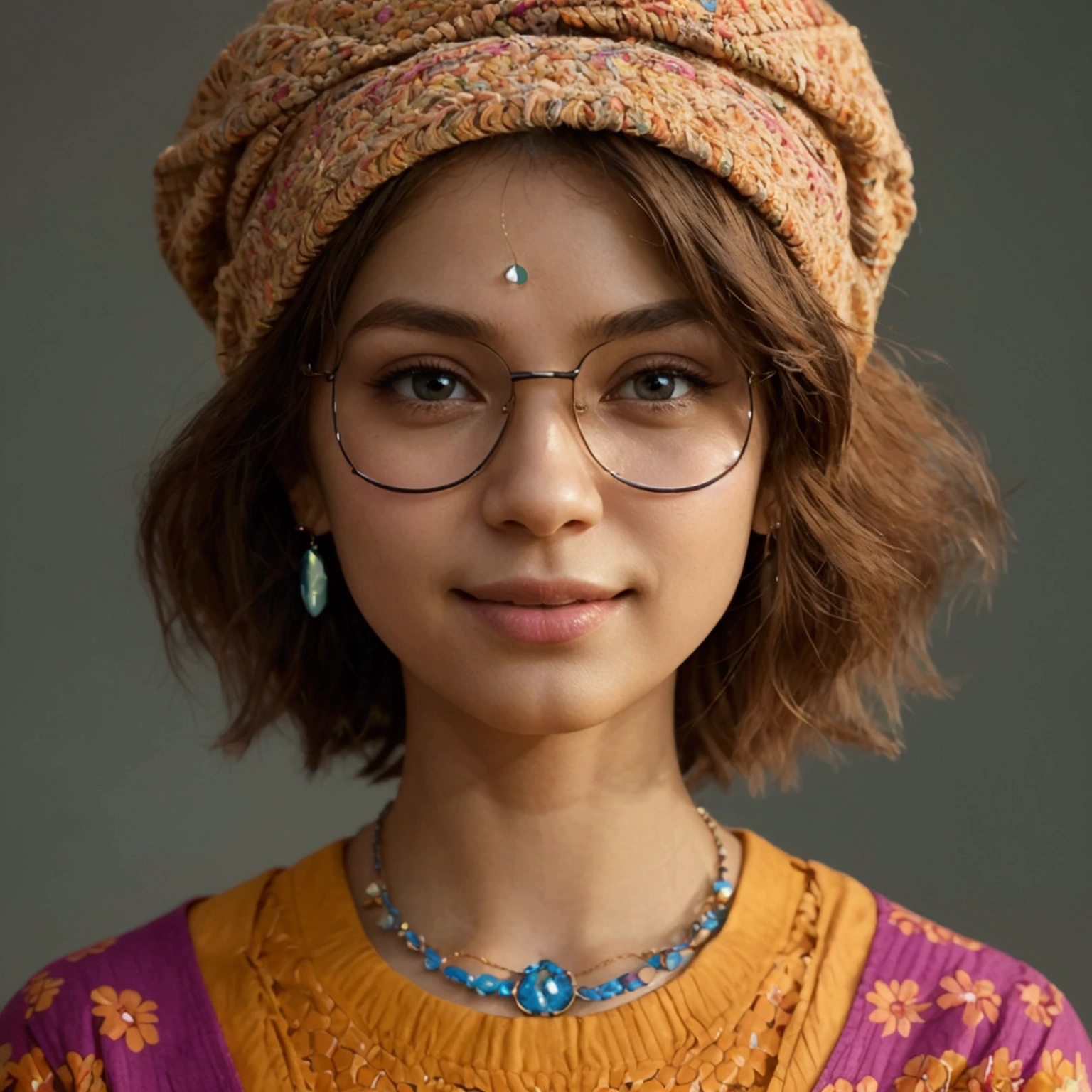 Create a vibrant and engaging avatar for a friendly and approachable character. The character should have a welcoming smile and bright, expressive eyes. The skin tone should be warm and natural. The hair should be styled neatly, with a color that complements the overall look. The clothing should be casual yet stylish, featuring colors that are visually appealing and harmonize well with each other. Accessories like simple jewelry can be added to enhance the character's personality. The background should be simple and not distracting, preferably a soft gradient or a single color that contrasts well with the character. Ensure the avatar is well-lit, with clear and sharp lines, and has a playful yet professional appearance