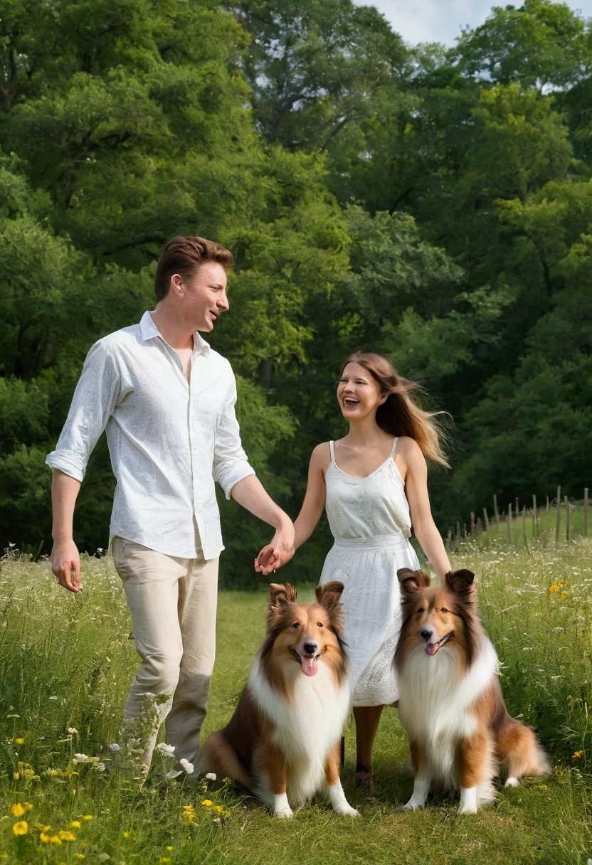 cottage on the meadow. two people man and woman, happiness
romance. Loving couple.
sheltie dog love, sun, nature, joy.
hut. chill. man Woman
