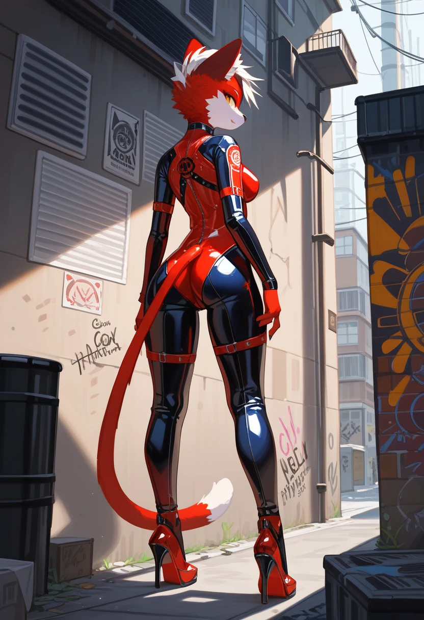 animation, Highest quality, Highest quality, High quality illustrations, masterpiece, Ultra-high resolution, Detailed Background, Back alley at night, Graffiti art on the wall, Absurd, Perfect Anatomy, performance, Good lighting, Shadows in the movies(kemono, Furry PersonifiCation), Cat, White Skin, Red Rubber Suit, latex, neon, neonライト, neonカラー, Bodysuits, Cyber Suit, Mech Suit, cyber punk