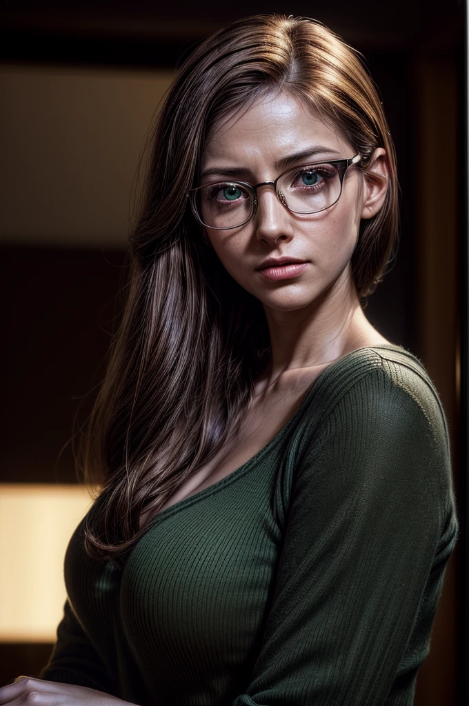 ((1woman, female, solo, portrait, close up, dark brown chestnut hair, dark green eyes, gentle, , using glasses, secretary, gentle, shy, young, 24 years old)office background, curious expression) (Masterpiece, super detailed, 8K, (High-Definition, Sunlight:0.5, Soft_Shadows:0.5, Atmospheric_lighting, 8k, 4k, hyper-realistic, elegant, ((((cinematic appearance)))), soft tones, soft cinematic lights))