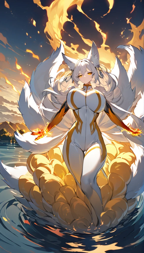  Beautiful white Kitsune, yellow eyes, highly detailed face, highly detailed eyes, big breasts, sexy figure, mature woman, several white kitsune tails, soft long white Kitsune ears, You rule a lake, a huge blue moon in the sky reflecting in the water, full of charred, the eyes would glow yellow,Very detailed face and eyes, Wearing yellow and white Race Suit, Surrounded by crimson yellow fire 