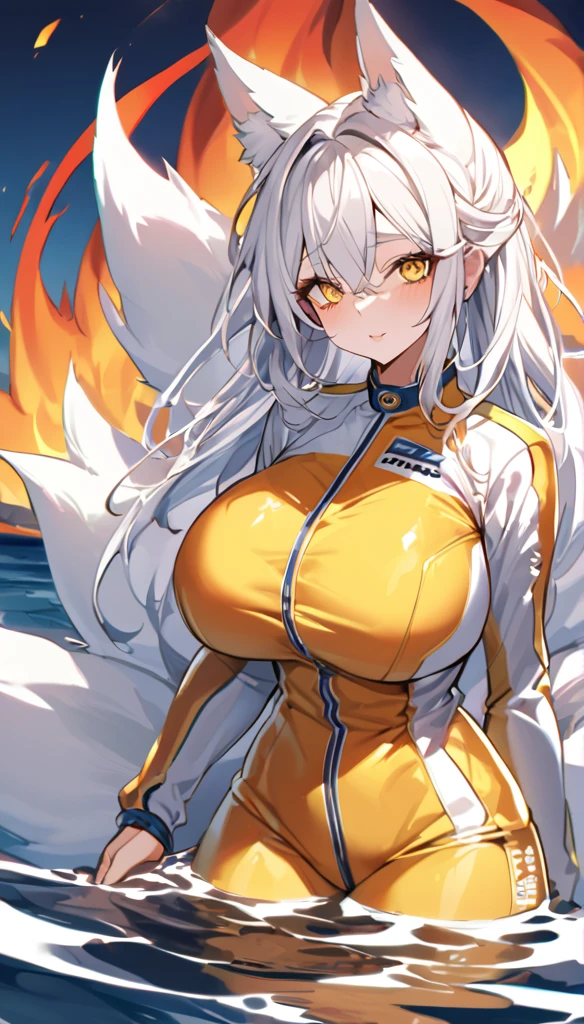  Beautiful white Kitsune, yellow eyes, highly detailed face, highly detailed eyes, big breasts, sexy figure, mature woman, several white kitsune tails, soft long white Kitsune ears, You rule a lake, a huge blue moon in the sky reflecting in the water, full of charred, the eyes would glow yellow,Very detailed face and eyes, Wearing yellow and white Race Suit, Surrounded by crimson yellow fire 