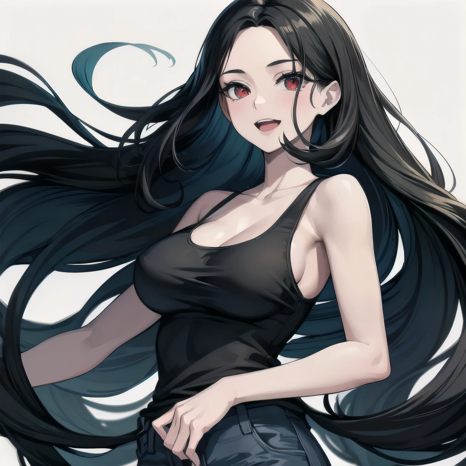 (masterpiece), 1girl, solo, best quality, expressive eyes, perfect face, retro artstyle, (pale skin), very long hair, forehead messy hair, black hair, large breasts, slim body, young woman BREAK black tank top BREAK blue jeans BREAK open mouth, light smile, red eyes BREAK standing, white background, simple background