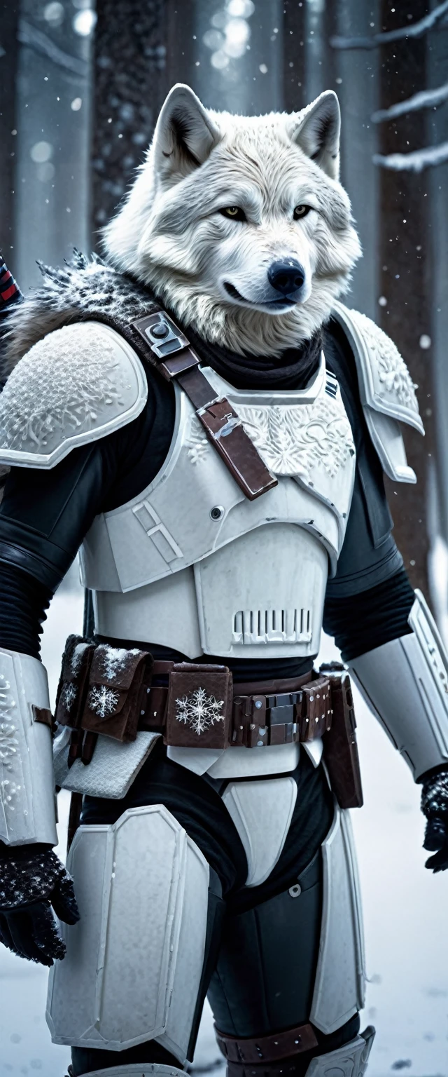 a cinematic star wars scene, a white wolf humanoid bounty hunter, detailed portrait, photorealistic, snowy tundra forest, snowflakes, dramatic lighting, intricate armor and details, dynamic pose, cinematic composition, hyper-realistic, moody color palette, dramatic lighting and shadows, intricate details, masterpiece