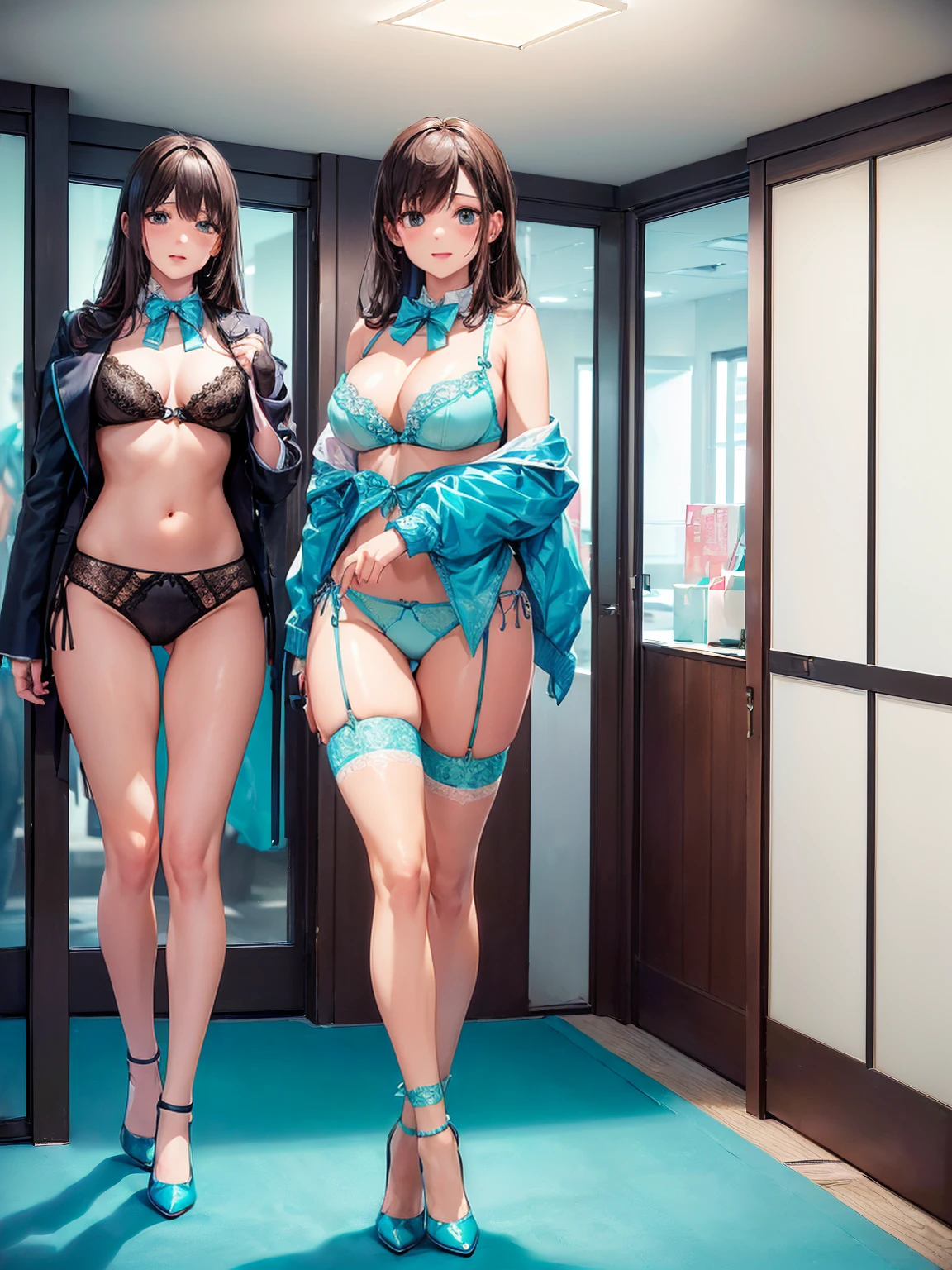 ((一人のWoman in underwearはセクシーにOffice corridorを歩いている:1.8), Beautiful Anime Women, Beautiful art style, Anime characters, ((Smooth texture, Realistic texture, Anime CG Style)), ((Highest quality)), (Very detailed), (Very detailed CG 統合 8k 壁紙), Very detailed, High-resolution RAW color photos, Professional photography, (Brown Hair, Stylish hairstyle:1.1), Great face and eyes, Beautiful and big breasts, Slender body, (Stunningly beautiful woman), (Detailed face:1.2), (Office corridor, Many men in suits are walking in the background, There is a window in the hallway:1.3), ((Bow tie around neck:1.3), (Black high heels:1), (Sexy and cute turquoise underwear:1.3), (Stylish shiny turquoise blue satin panties, Side-tie panties, Panties with a plain turquoise blue center and lace decoration on the sides:1.3), (Thin panties:1.3), (Turquoise micro lace satin bra, Turquoise blue bra with lace trim, Thin bra:1.3), (lace garter belt, Garter Strings, Black knee socks:1.3):1.3), (naked, Woman in underwear, Women wear only bras, panties, knee socks and garter belts:1.5), Exact number of arms, Exact number of legs, Perfect Anatomy, (Embarrassed expression, Surprised expression), Angle from the front, Exact finger count、Exact number of legs、(Exact number of arms:1.0, Exact number of hands:1.0), (Perfect hands, Perfect Anatomy)