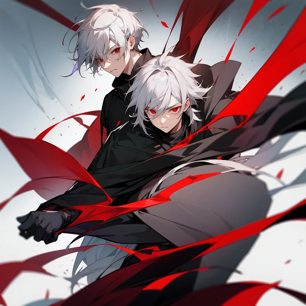 Male character with gray hair and red eyes and black clothes