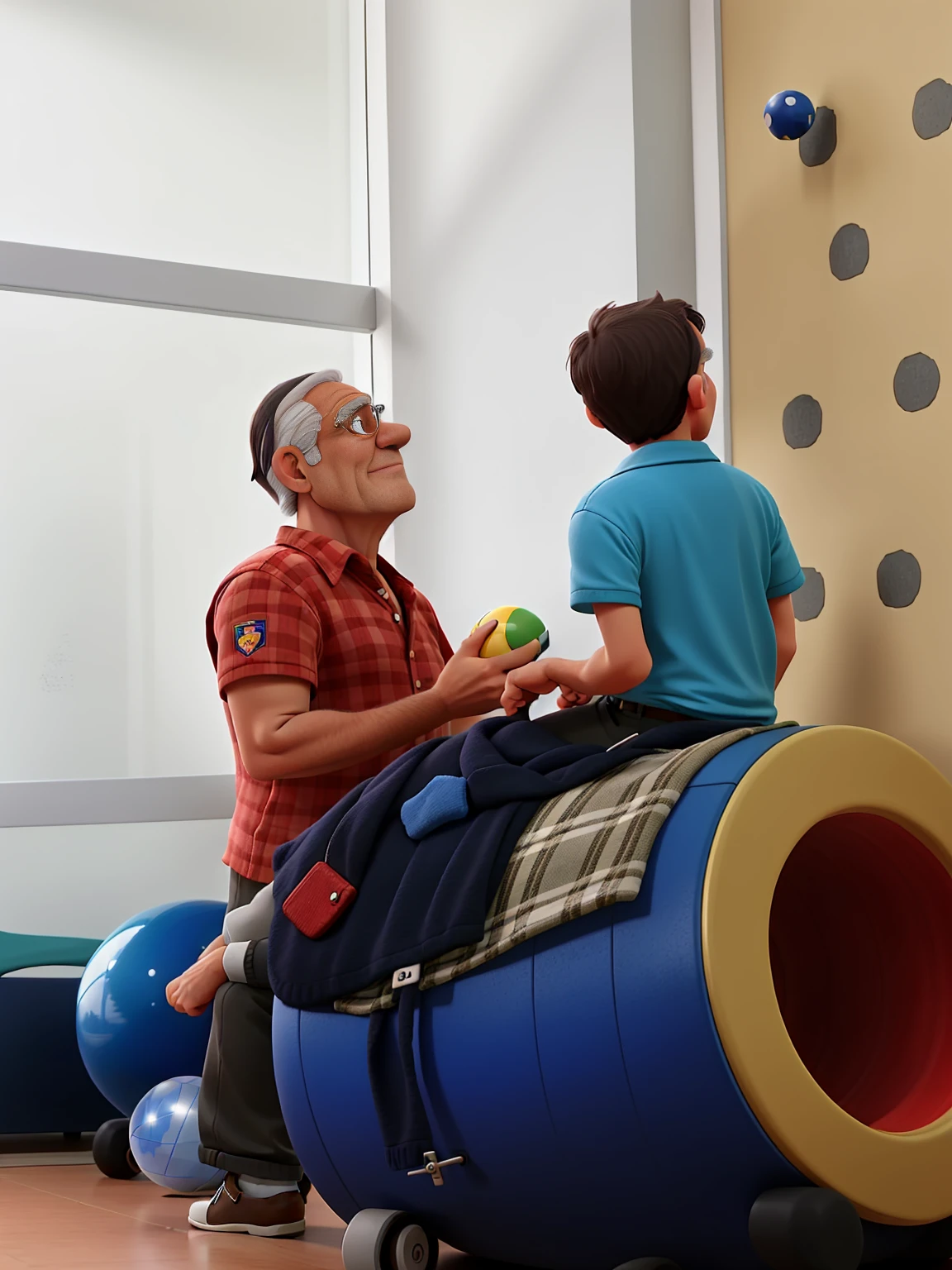 an older man and a looking at the side wall, the man is holding a ball and the boy is on a toy