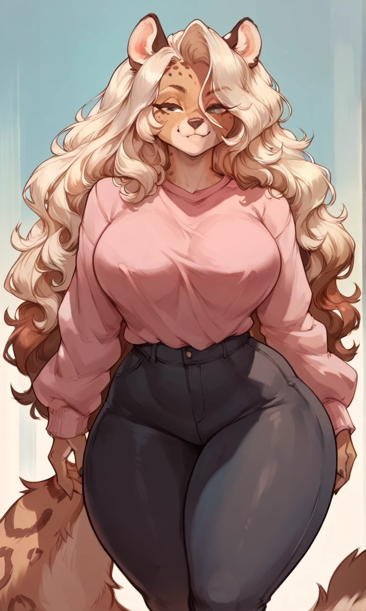 female anthro Snow leopard,Brown long fluffy hair, fluffy hair, squirrel ears, hyena, big breasts, attractive, pink shirt, black pants thicc body, thicc body, thicc, freckles, freckles on face, neutral expression, smug eyes, she is standing (thick thighs:1.5)