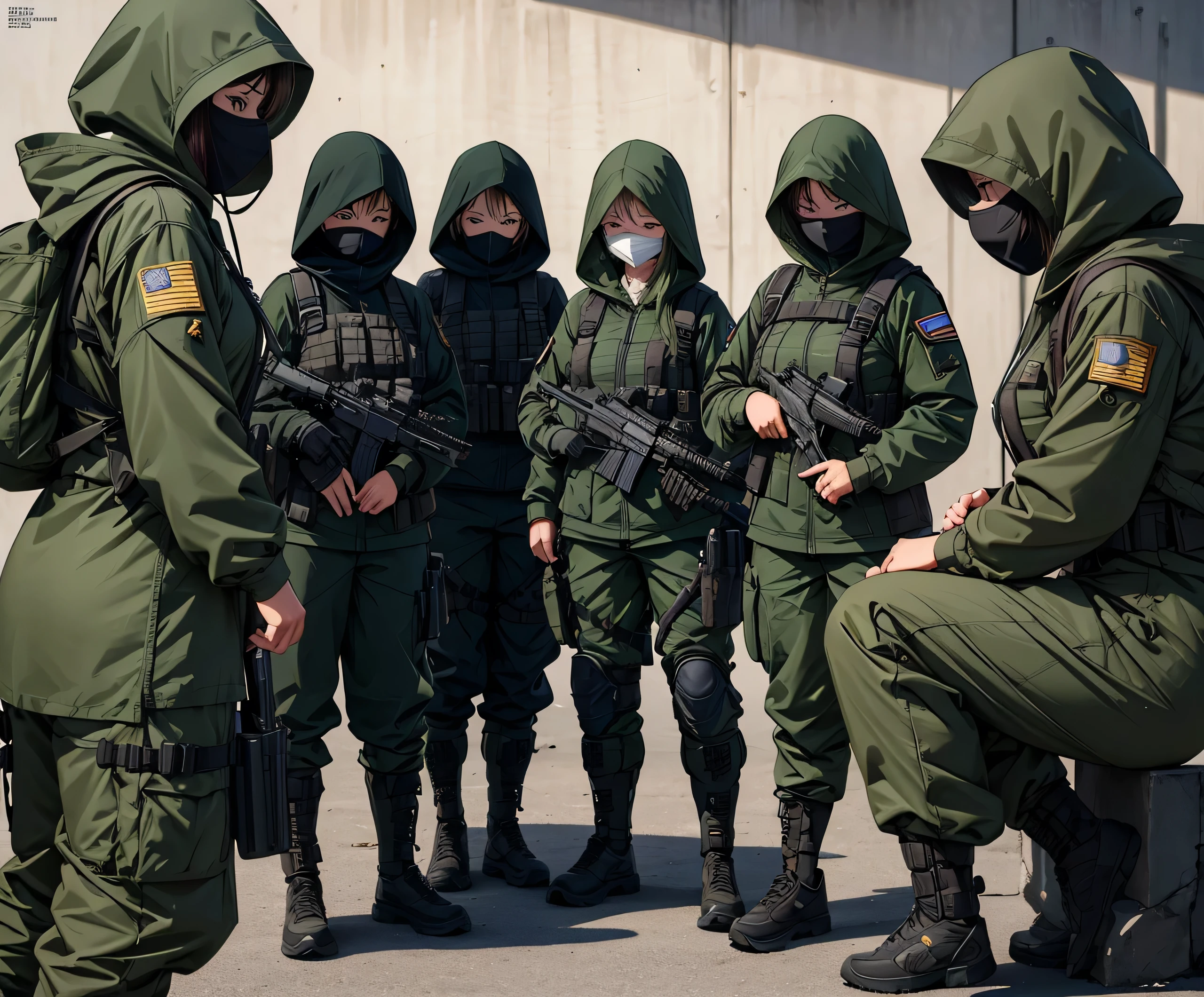A group of female special forces soldiers with their faces covered，All wear dark green M-51 hooded military uniforms、Hooded on head、Magazine Pouch、Military Pants、Knee pads，At rest、Write details、masterpiece、best quality、Highly detailed CG、8K picture quality