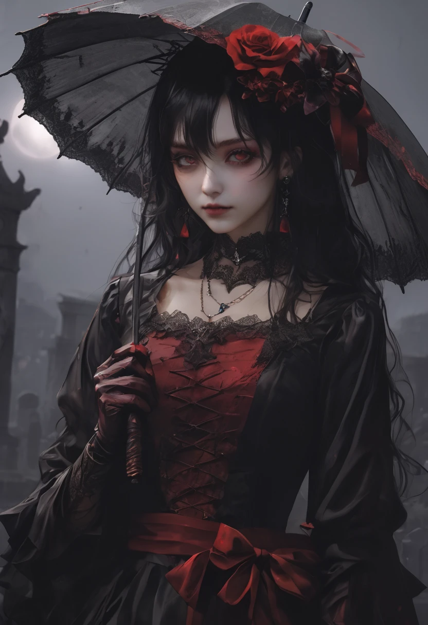 Midnight Cemetery、dawn、Red full moon、darkRedVampire、red and black bat、Red rain、Batware、Put on the bat、Bat Costume、Gothic Dress、Black and white parasol、Fascinating美しさ、Fascinating、Black Rose、skull、Red eyes、八重teeth、teeth、Unnaturally pale skin、Black gloves, (Blood splatter:1.5)