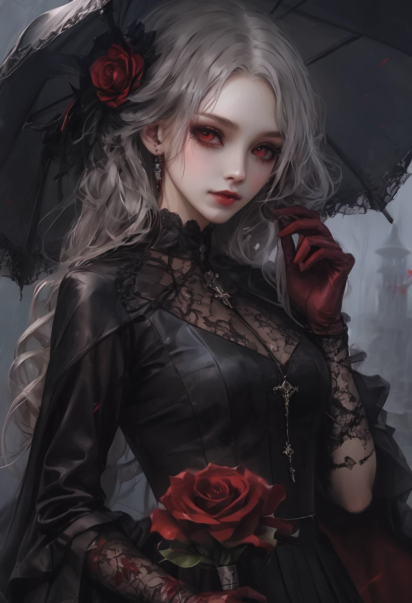 Midnight Cemetery、dawn、Red full moon、darkRedVampire、red and black bat、Red rain、Batware、Put on the bat、Bat Costume、Gothic Dress、Black and white parasol、Fascinating美しさ、Fascinating、Black Rose、skull、Red eyes、八重teeth、teeth、Unnaturally pale skin、Black gloves, (Blood splatter:1.5)